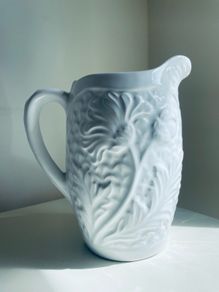 Vintage White Relief Floral Ceramic Jug Vase 19cm