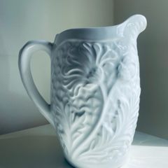 Vintage White Relief Floral Ceramic Jug Vase 19cm