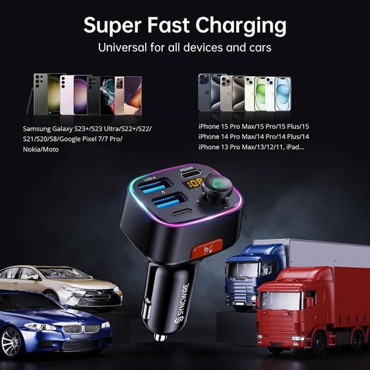 Bluetooth 5.4 FM Transmitter Car Adapter 48W (PD 36W & 12W) [Light Switch] [HiFi Bass Sound] [Fast Charging] Wireless Radio Music Adapter LED Display Hands-Free Calling Support USB Drive