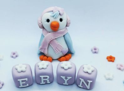 edible cake topper , sugar penguin with extras, personalized cake topper