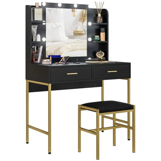 Dressing Table Set, with Storage and Stool - Black