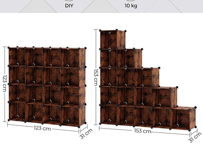 _16 cube shelf system, shoe shelf, DIY cube shelf, stackable, plug-in shelf made of PP plastic, cloakroom, room divider, for bedroom, office, vintage brown