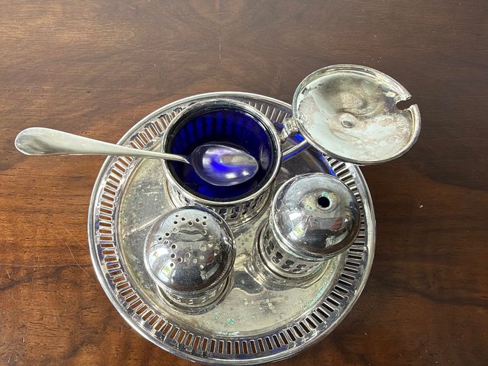 Vintage EPNS Cruet Set with Cobalt Blue Glass