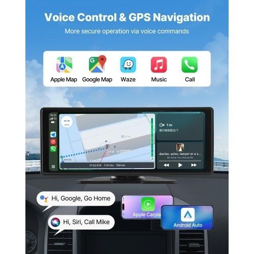 Wireless Car Stereo, 254 mm HD Portable Radio Touch Screen with Apple CarPlay and Android Auto, CarPlay Screen with Front & Backup Cameras, Voice Control, Mirror Link, Bluetooth, GPS Navigation