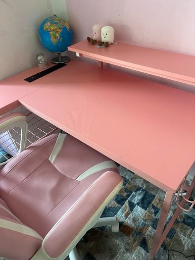 L Shaped Desk with Power Outlets & LED Lights & Pink Gaming Chair for Girls