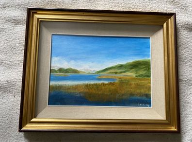 Landscape oil on board  signed J malony?Kilmore Lough typically refers to one of two lakes in Ireland,
