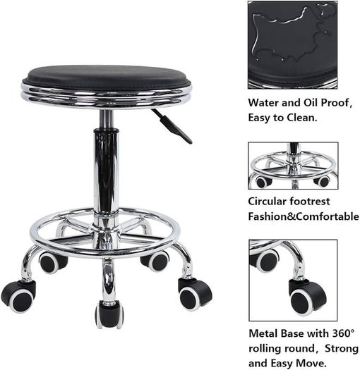 NEW SALE | Round Rolling Stool with Foot Rest PU Leather Height Adjustment Modern Industrial Metal Style Swivel Spa Salon Tattoo Work Massage Stools Small