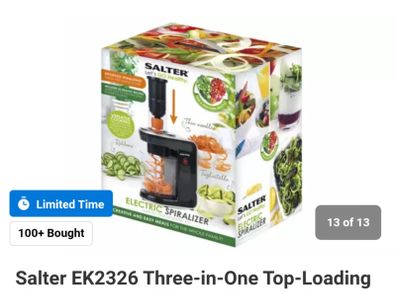AS NEW House/Home Clearance SALTER EK2326 Three-in-One Top-Loading Electric Fruit and Vegetable Spiralizer (carrots, butternut squash, cucumber, zucchini noodles, etc)