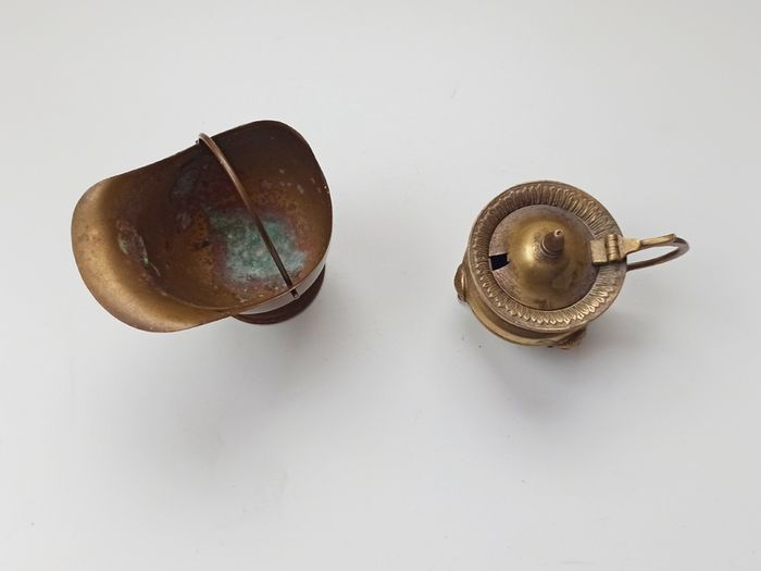 Vintage brass miniature coal bucket & small brass footed pot