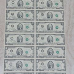 uncut 2 dollar bill sheet