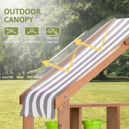 Mud Kitchen for Kids Outdoor, Kids Kitchen Playset with Canopy, Gardening Tools, Chalkboard, Flower Pot, Cookingware, Removable Water Tank, for Boys and Girls 3+, Solid Fir Wood