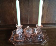 Stunning Vintage 1950s Pink Peach Depression Glass Dressing Table Set