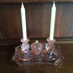 Stunning Vintage 1950s Pink Peach Depression Glass Dressing Table Set