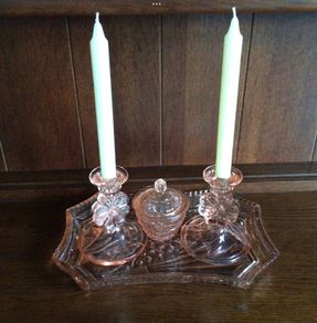 Stunning Vintage 1950s Pink Peach Depression Glass Dressing Table Set