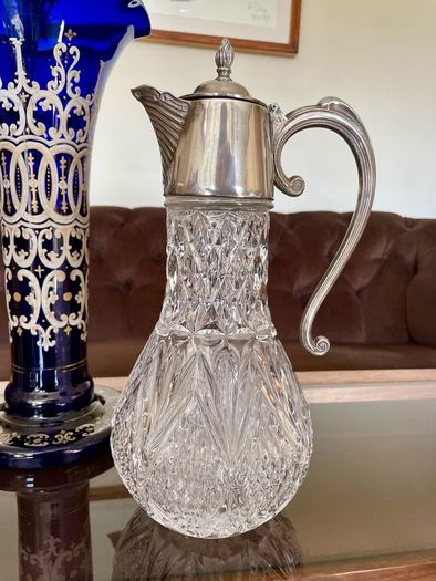 Antique Vintage Silver Plated Crystal Glass Claret Jug Pitcher