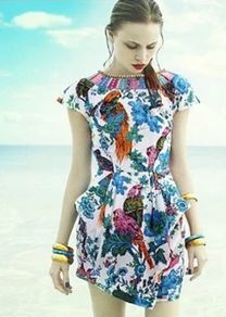 Vintage Monsoon Fusion Cotton Bird Print Beaded Collar Dress UK 10