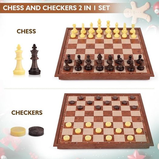 NEW SALE | Chess Set and Draughts Board Games 2 in 1 | Magnetic Chess Checkers Board Toys | Travel Folding Board and Chess Piece for Kids and Adult (25x25cm)