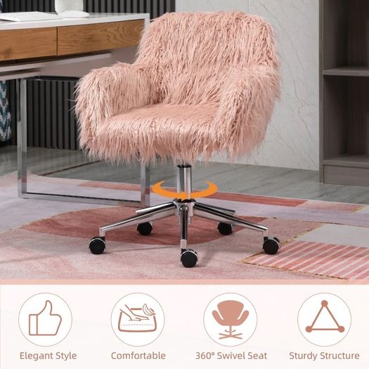 Faux Fur Desk Chair, Swivel Vanity Chair with Adjustable Height and Wheels for Office, Bedroom (FREE SHIPPING)