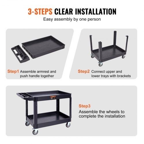 Utility Service Cart, 2 Shelf 249.5 kg Heavy Duty Plastic Rolling Utility Cart with 360 Swivel Wheels (2 with Brakes), Large Lipped Shelf, Ergonomic Storage Handle for Warehouse/Garage/Cleaning