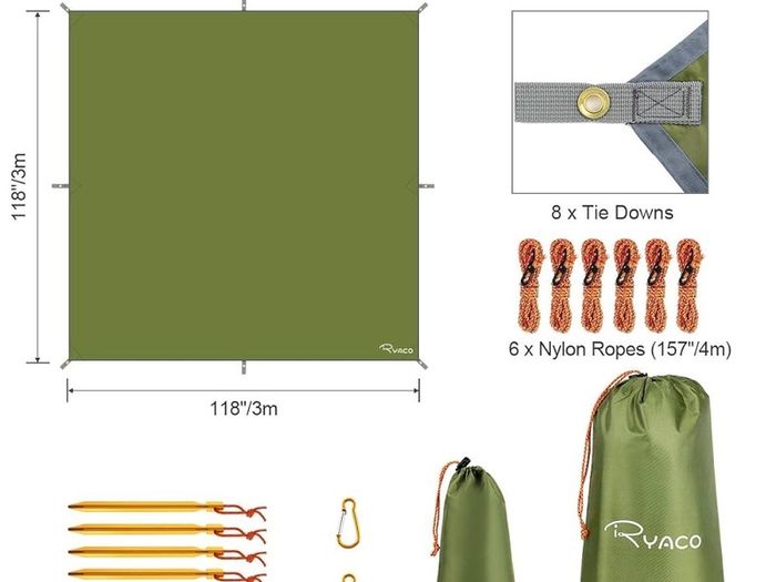 FREE EXPRESS SHIPPING Hammock Rain Fly Tent Tarp, 3m x 3m Tarpaulin Portable Sunshade Lightweight Waterproof Groundsheet Windproof Camping gazebo Picnic Mat Anti UV Sun Shelter for Camping Travel Beach
