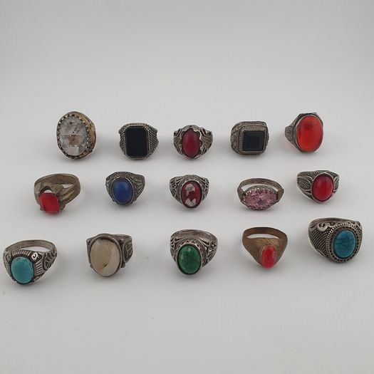 Antique Rings Lot 15 Mixed Brass, Stone & Glass Rings