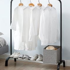 Metal Rail Stand with Hanging Rail and Storage Shelf , Clothes Rack for Bedroom, Black