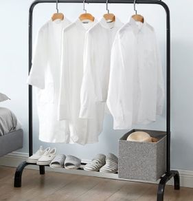 Metal Rail Stand with Hanging Rail and Storage Shelf , Clothes Rack for Bedroom, Black