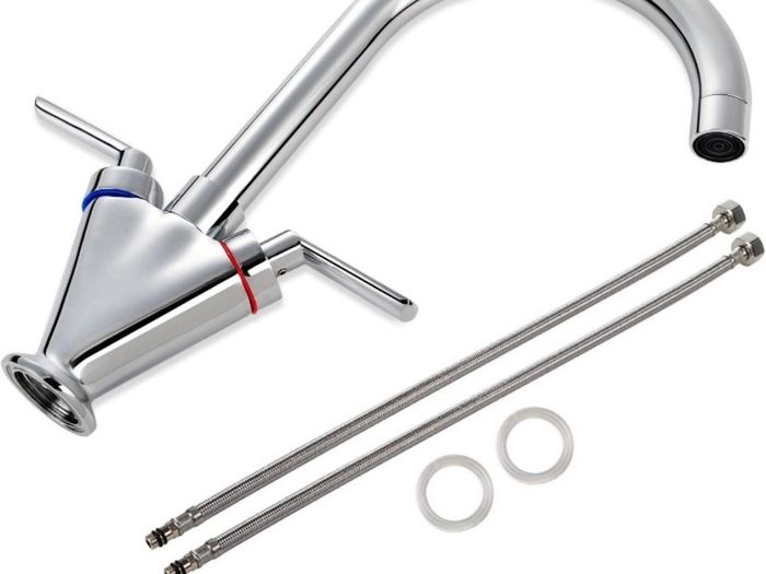 Kitchen Sink Mixer Taps Monobloc Swivel Spout Chrome Brass Dual Lever with Hoses (FREE POSTAGE)