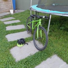 Green kids Frog bike with helmet