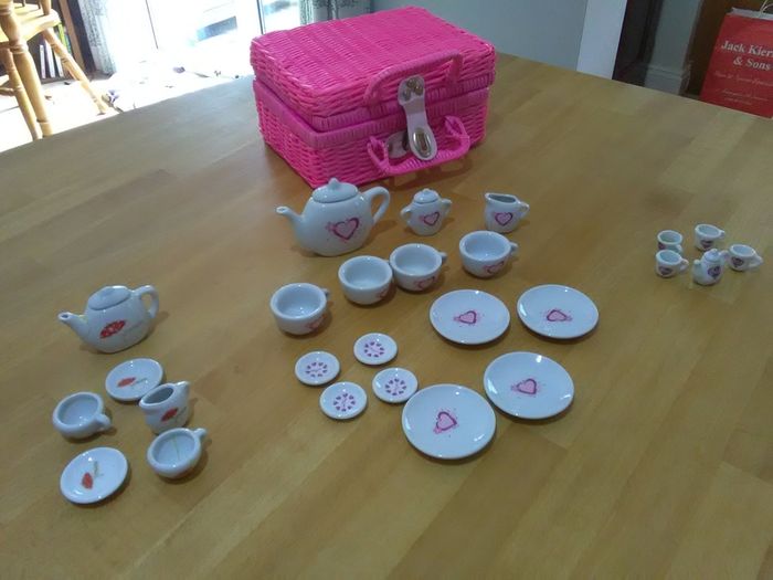 Porcelain Tea Set for Little Girls with Pink Picnic Basket