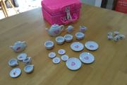 Porcelain Tea Set for Little Girls with Pink Picnic Basket