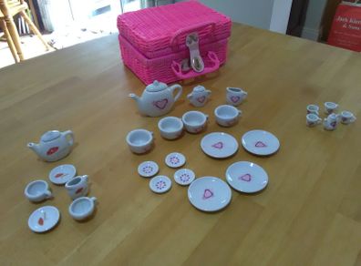 Porcelain Tea Set for Little Girls with Pink Picnic Basket