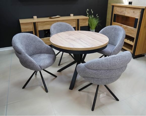 Lilia Grey Chenille Swivel Chair  Black Metal Base, Auto-Return