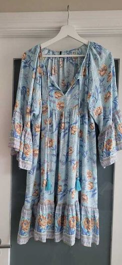Unsigned sky blue floral floaty boho dress Sz L (Fit 12-14UK)