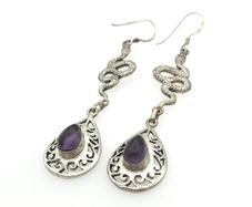 Vintage 925 Sterling Silver & Colour Changing Amethyst Witchy Gothic Snake Earrings