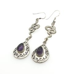 Vintage 925 Sterling Silver & Colour Changing Amethyst Witchy Gothic Snake Earrings