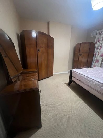 Mid century dressing table, ladies wardrobe, gents wardrobe and double bed.
