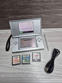 Nintendo DS Lite Silver With 3 Games | USB Charger - Excellent Condition -Tested