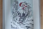 Snow Cockeral - Original Linocut Print by Sheelyn Browne