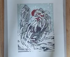 Snow Cockeral - Original Linocut Print by Sheelyn Browne