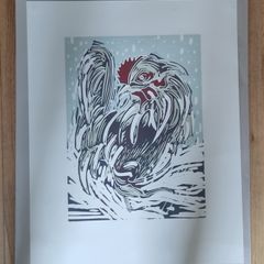 Snow Cockeral - Original Linocut Print by Sheelyn Browne