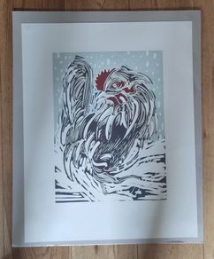 Snow Cockeral - Original Linocut Print by Sheelyn Browne