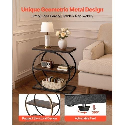 End Table, 3-Tier Narrow Side Table with Open Storage Shelves, Modern Nightstand Bedside Desk with Round Metal Frame, Wood Sofa Coffee Desk for Living Room, Bedroom, Office, Rustic Brown