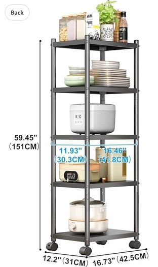 5 Tier Metal Shelving Unit, 360 Swivel Wheels for Kitchen Thick steel rack, 42.5x31x151H, 8cm adjust, 75kg, anti-slip fixed feet & easy-roll wheels, sturdy, for bath, garage, office