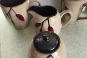Set of 4 of 2  Coffee / Tea Mugs 12 oz Stoneware matching Milk Jug and suger bowl with lid. Speckled Beige/Brown Fall Leaves