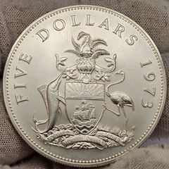 Bahamas Islands 1973 Silver 5 Dollars Scarce Coin!