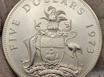 Bahamas Islands 1973 Silver 5 Dollars Scarce Coin!