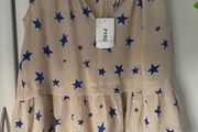 top bnwt 100% silk peplum top Pyrus brand cream with blue star pattern small
