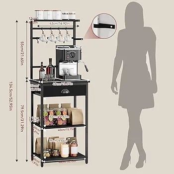 5 Tier Coffee Bar Station, Coffee Stand with Fabric Drawers, 8 S-Shaped Hooks, Corner Bar Cabinet, Height Adjustable, Bakers Rack for Kitchen, Living Room, Black