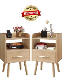 Bedside Table Set of 2, Nightstand, Side Table, Wooden Sofa End Table with Fabric Drawer, Open Shelf, Solid Wood Legs, 39x29x63 cm, for Bedroom, Living Room, Natural